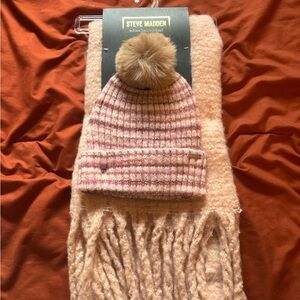Steve Madden Pink Striped Beanie and Cream Scarf Set